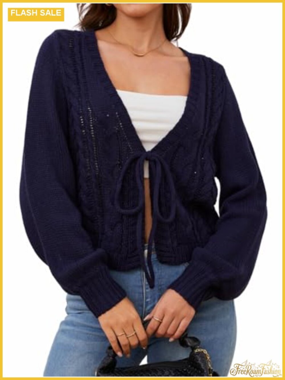 Cropped Cardigan Sweater Tie Front Bow V-Neck Cable Knit Long Sleeve Y2K